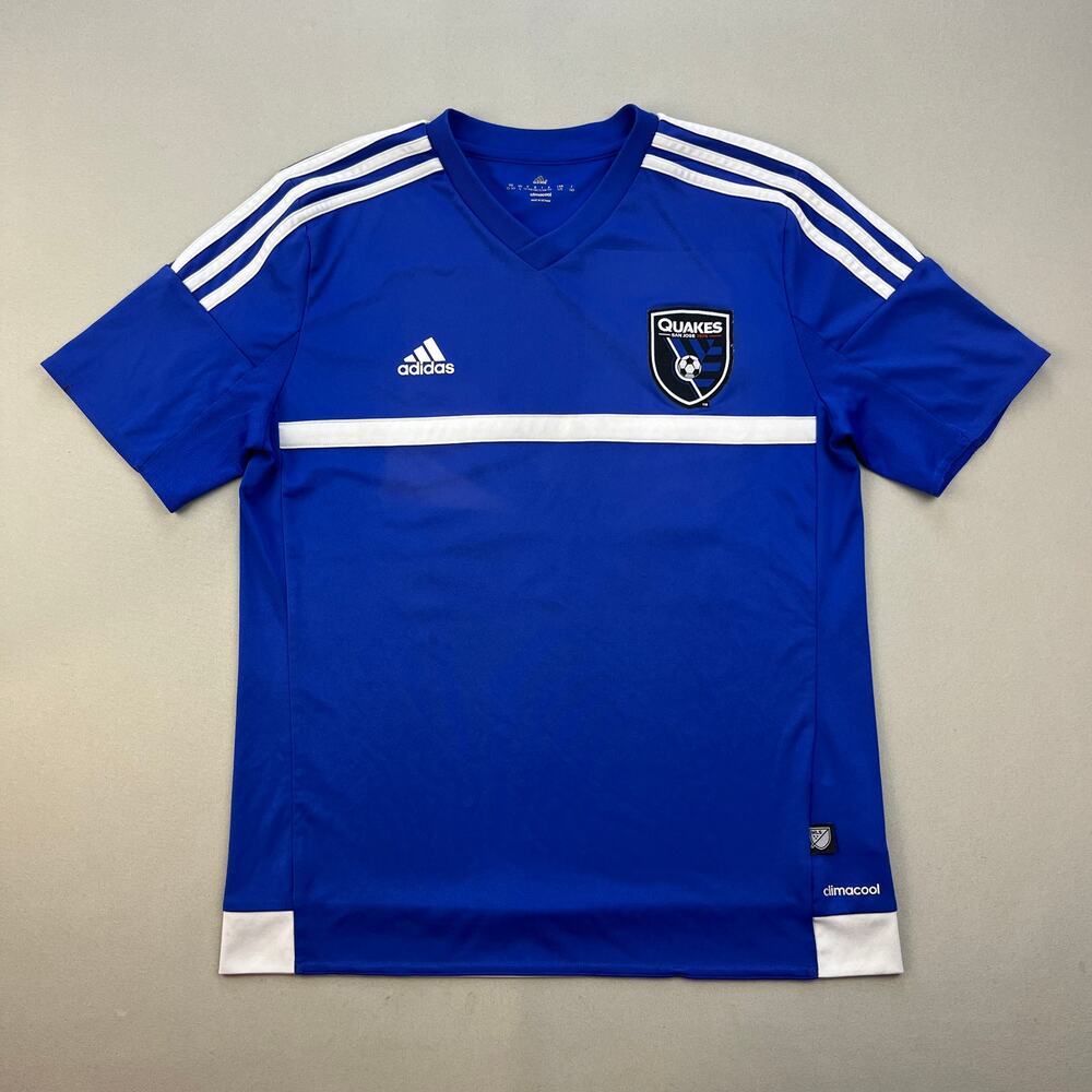 San Jose Earthquakes Soccer Jersey Youth Large Blue White Adidas MLS ClimaCool